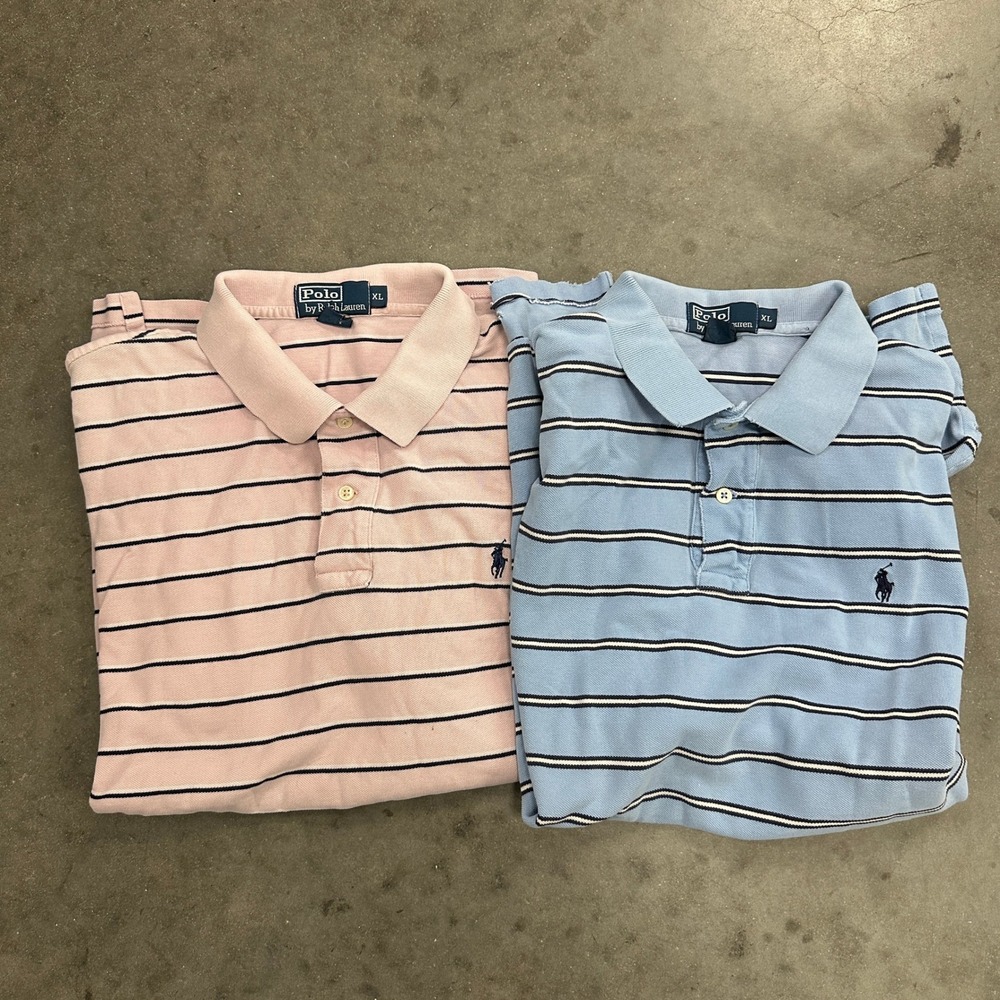 2 pk Bundle Polo Ralph Lauren Striped Polo Shirts Mens XL Blue Pink Distressed